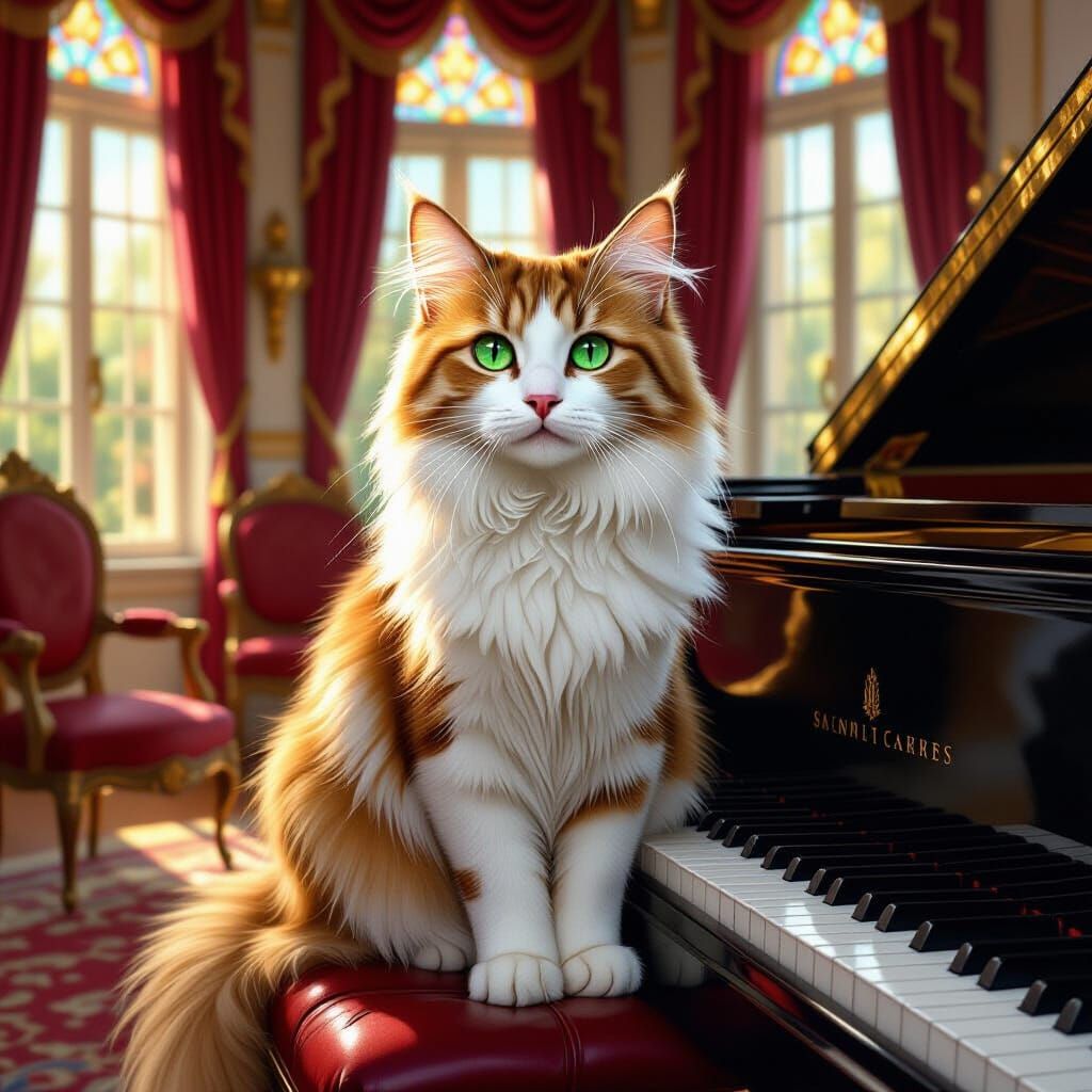 Marble Cat in Lavish Music Room, Classical Style