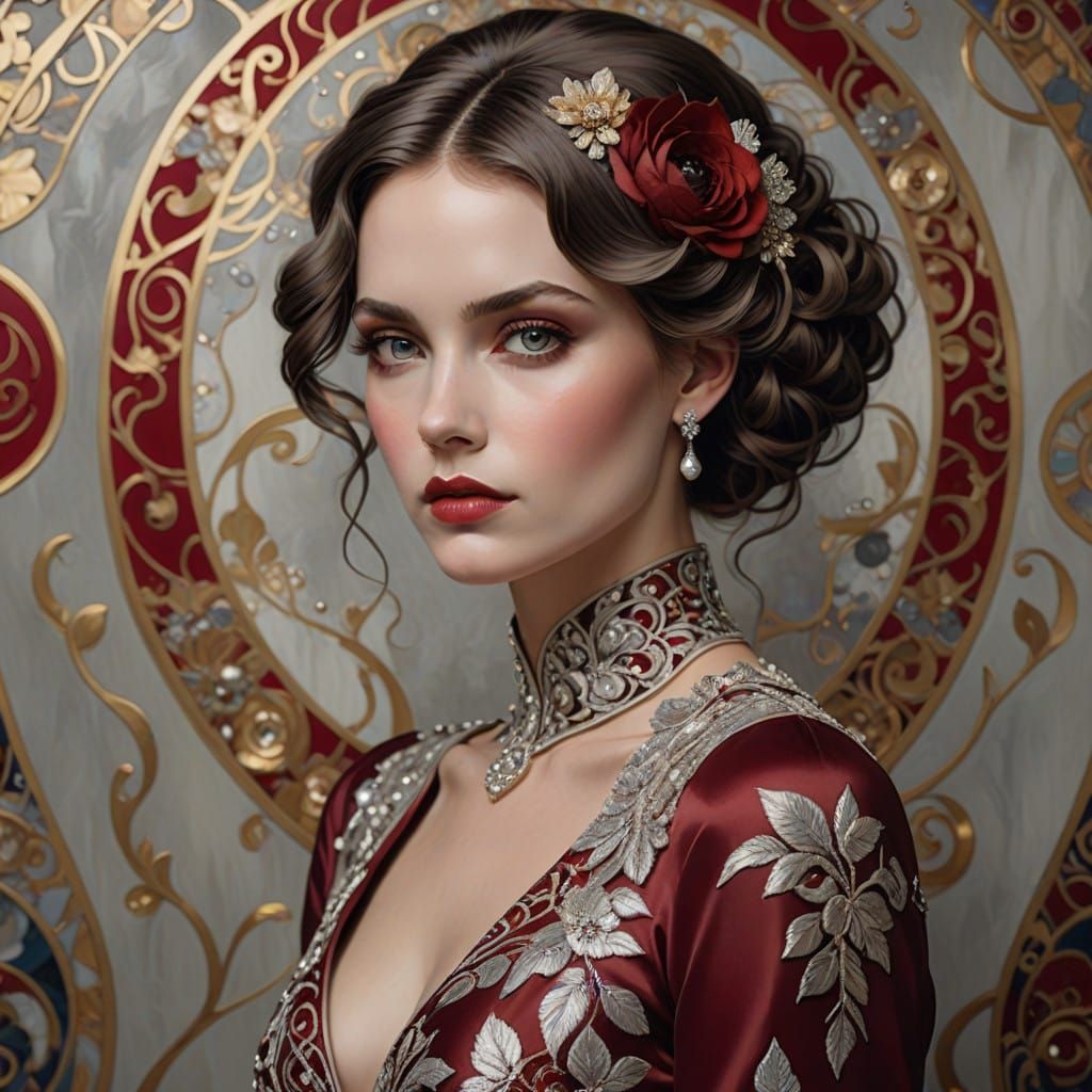 Elegant Vintage Gown Fashion Portrait in Rich Red and Silver