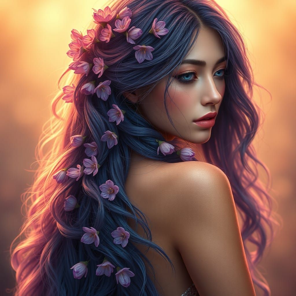 Floral Haired Maiden in Art Nouveau Style