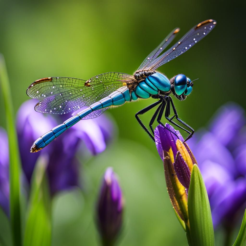Dew-Kissed Dragonfly on Iris: Hyper-Detailed Macro Photograp...