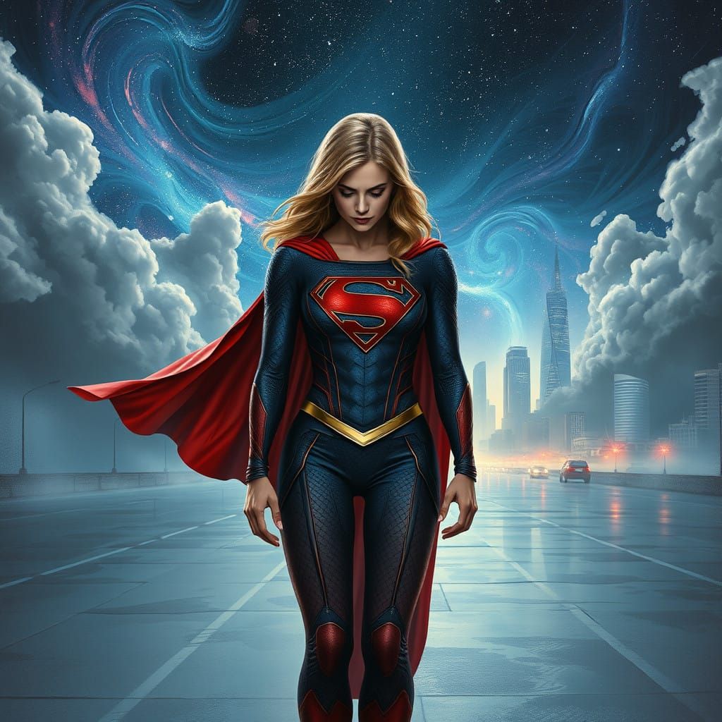 Supergirl in Cosmic Wonder, Amidst Swirling Astral Waves