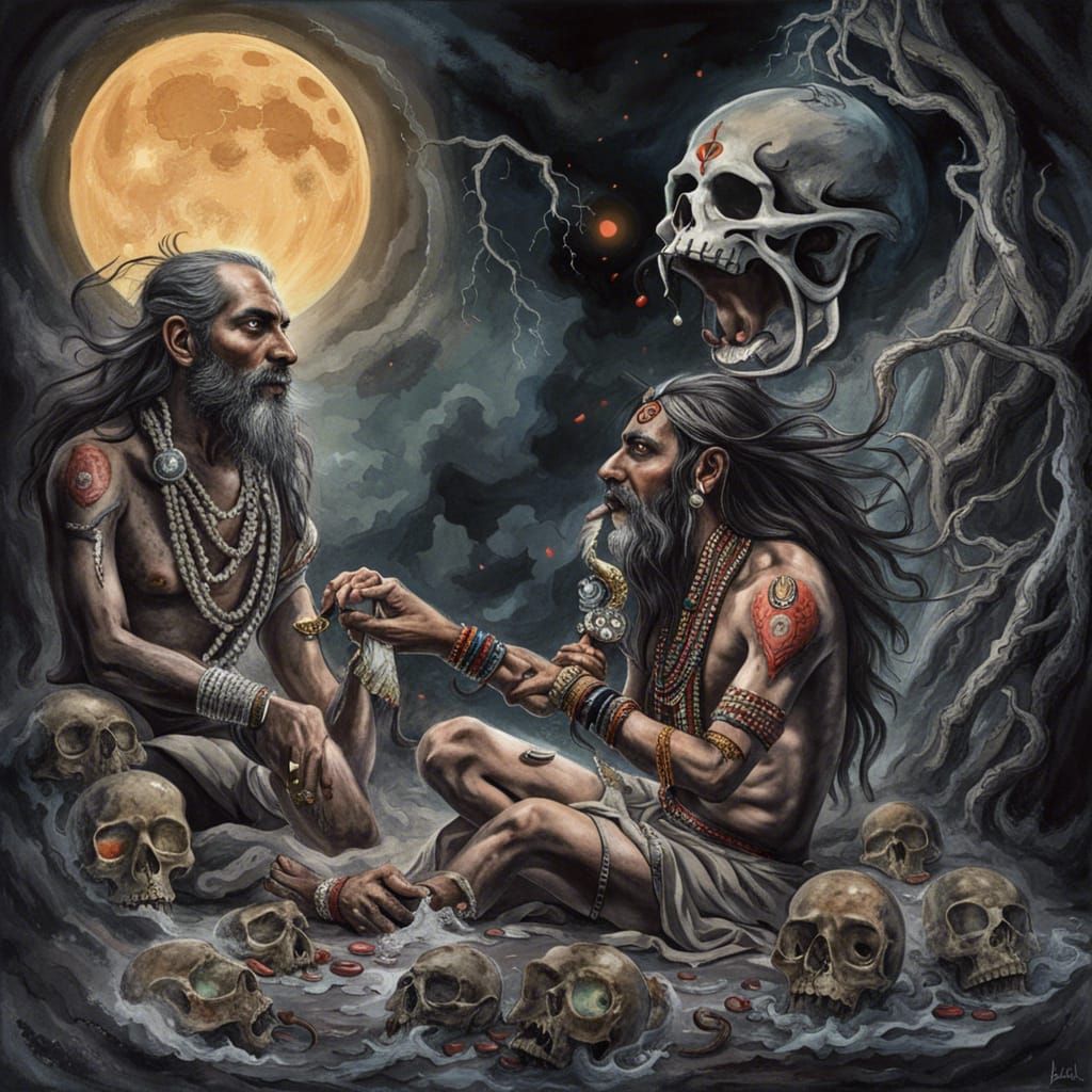Aghori Sadhu and Kali: Skulls Under Tempest Moon