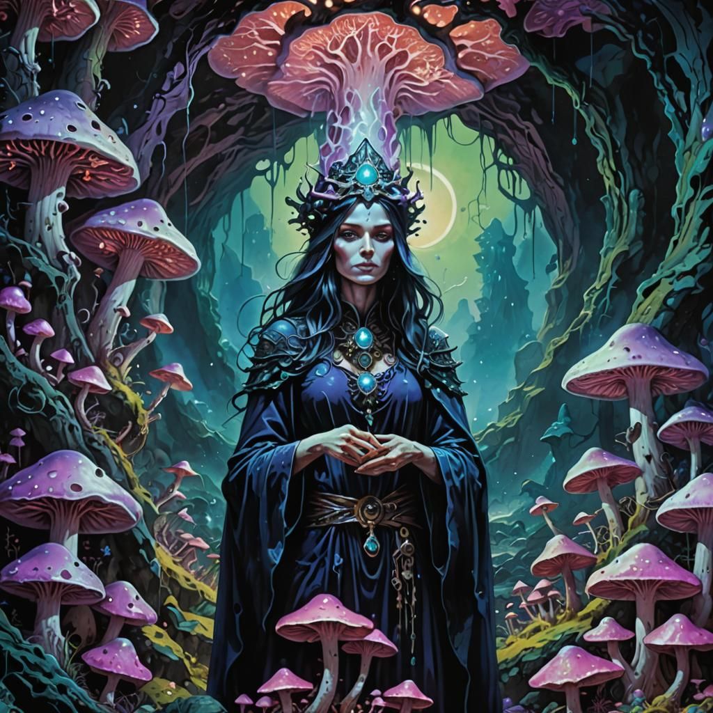 Psychedelic Cavern Sorceress with Glowing Mushrooms