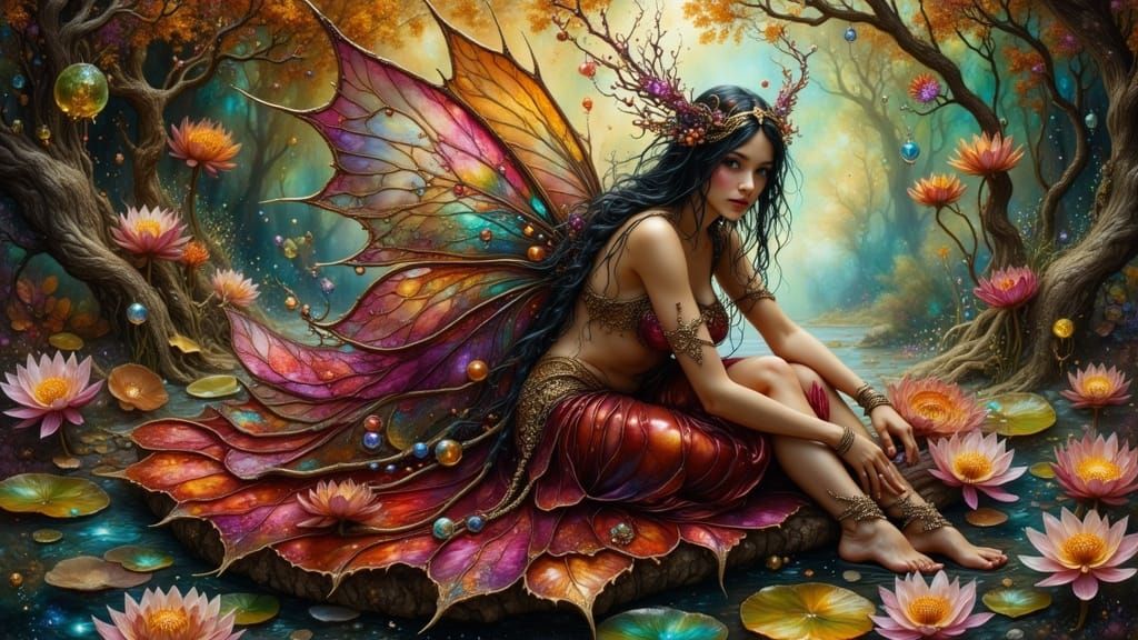 Dark Fairy on Waterlily in Autumn Hues