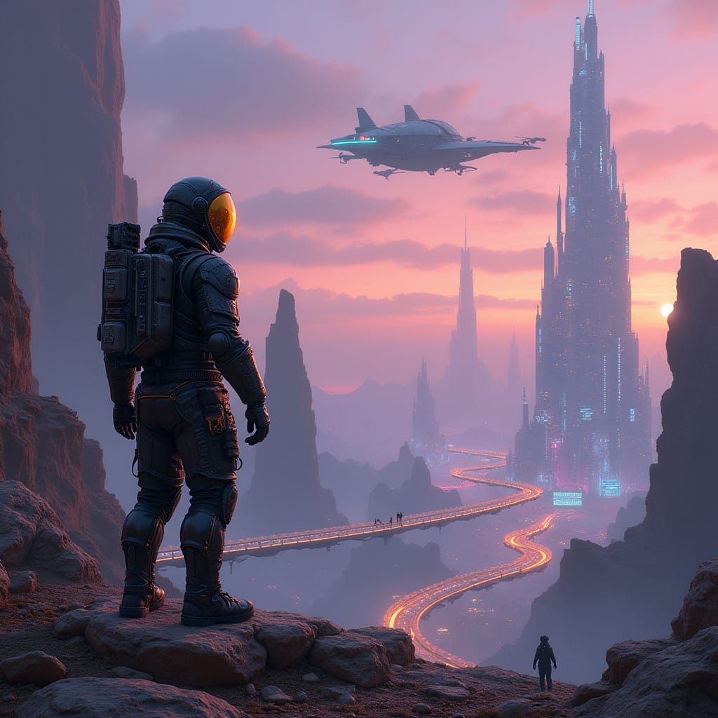 Ethereal Futuristic Cityscape at Sunset in Cyberpunk Style