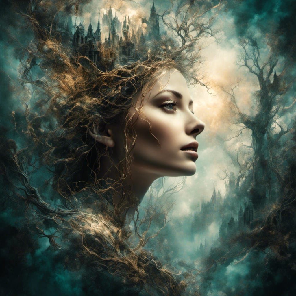 Magical Woman with Floating Islands, Ethereal Ink Art