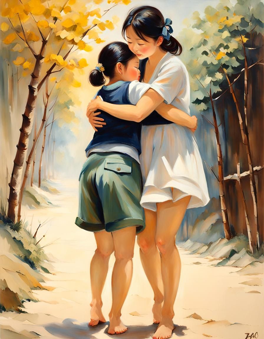 Mother and Daughter's Tender Embrace as Oil Painting