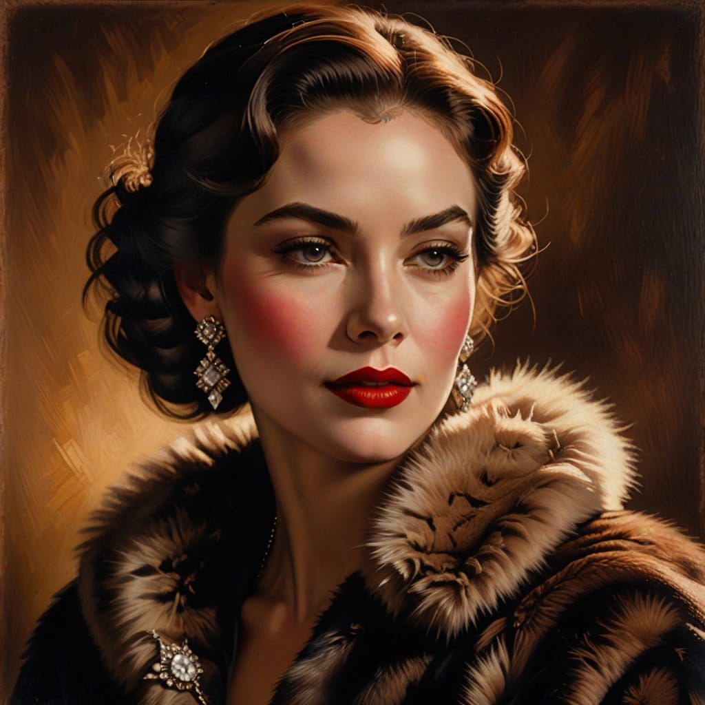Glamorous Woman in Sepia Tones as Vintage Oil Painting