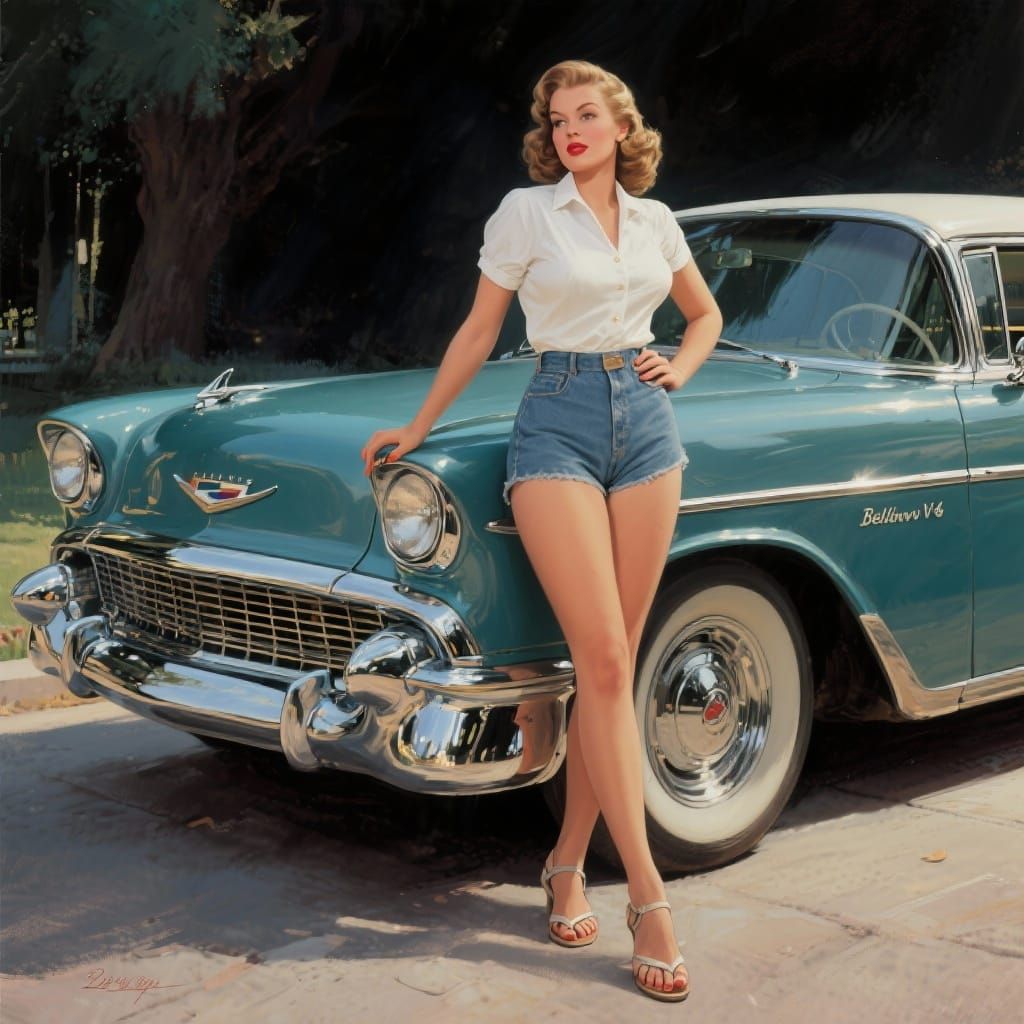 1950s Woman Poses With Classic 1955 Chevy Bel Air