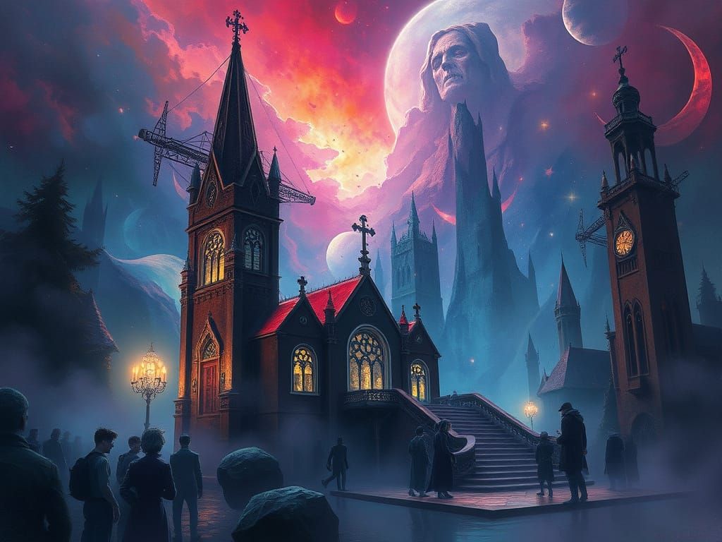 Surreal Synthwave Church in Watercolor Dark Academia Style