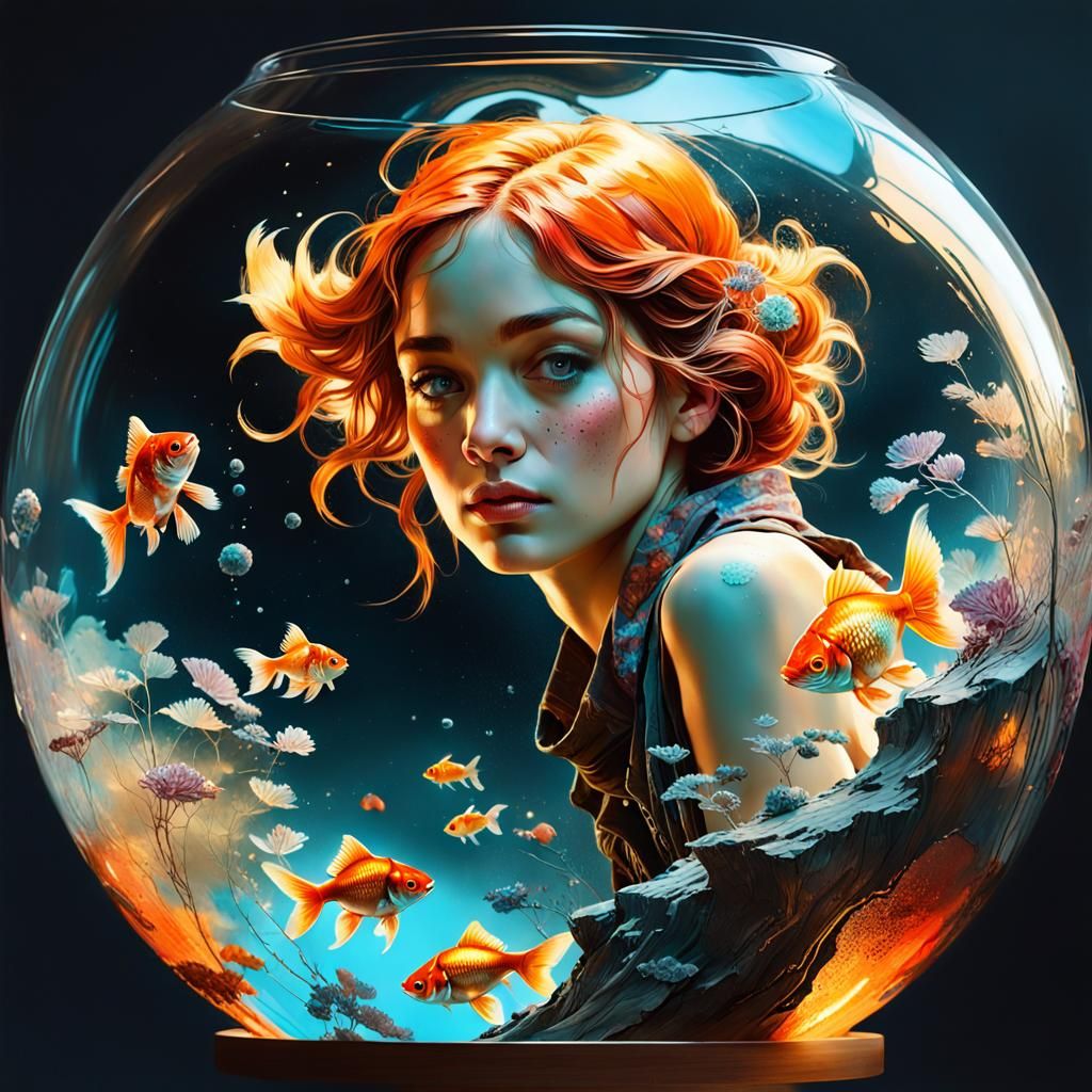 Woman in Goldfish Bowl: Hyperdetailed Gothic Portrait