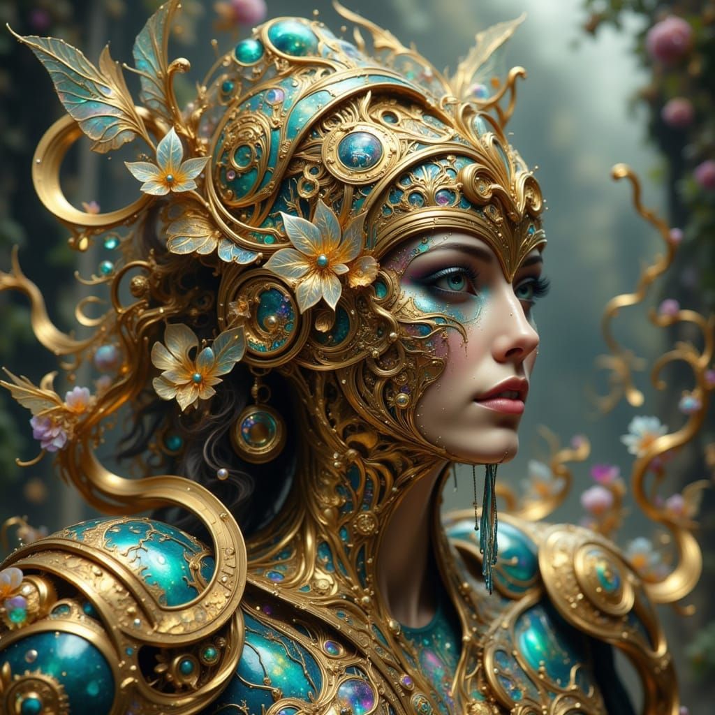 Clockwork Sphinx Weeping in Ruined City as Art Nouveau