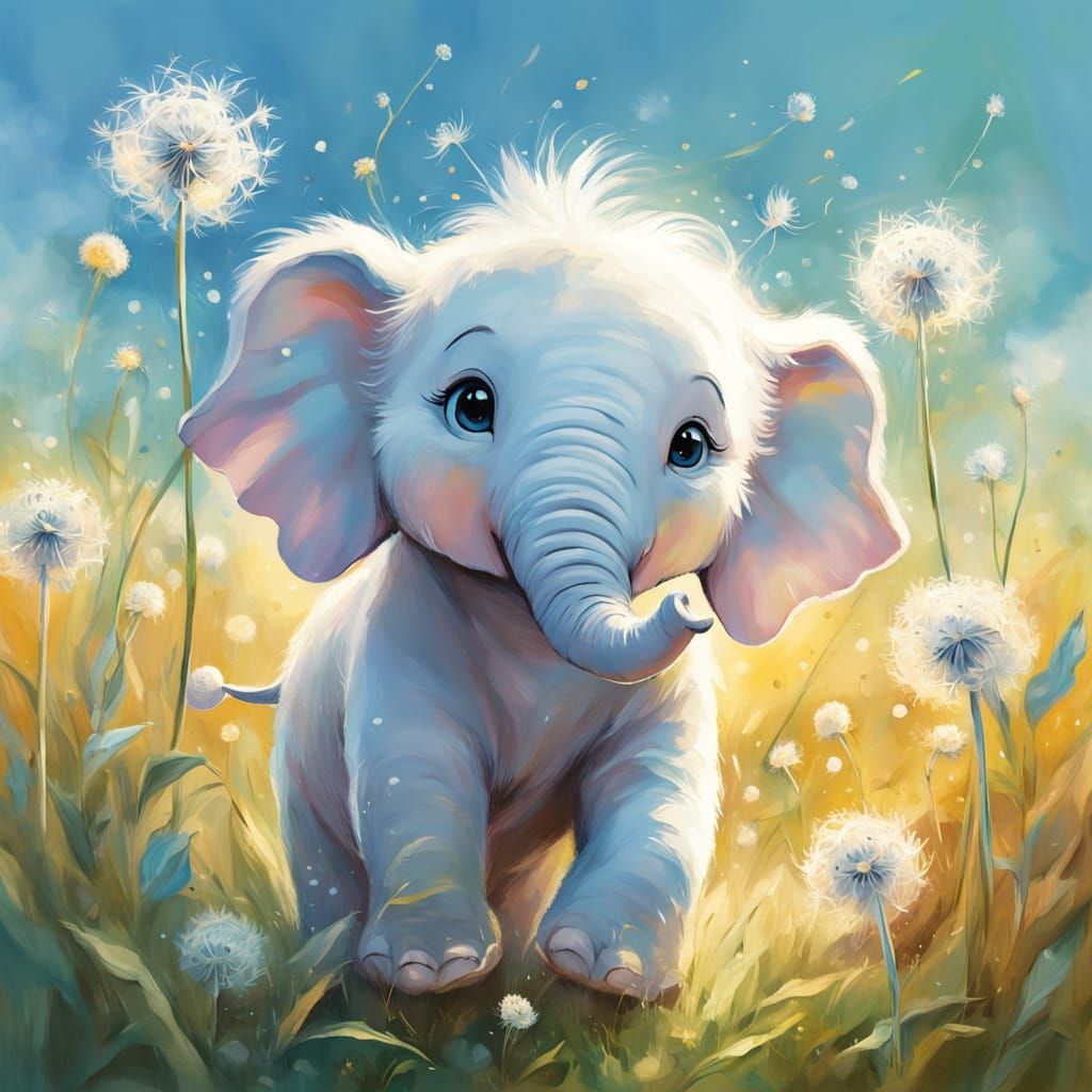 Whimsical Oil Painting of Fluffy Elephant in Dandelion Field