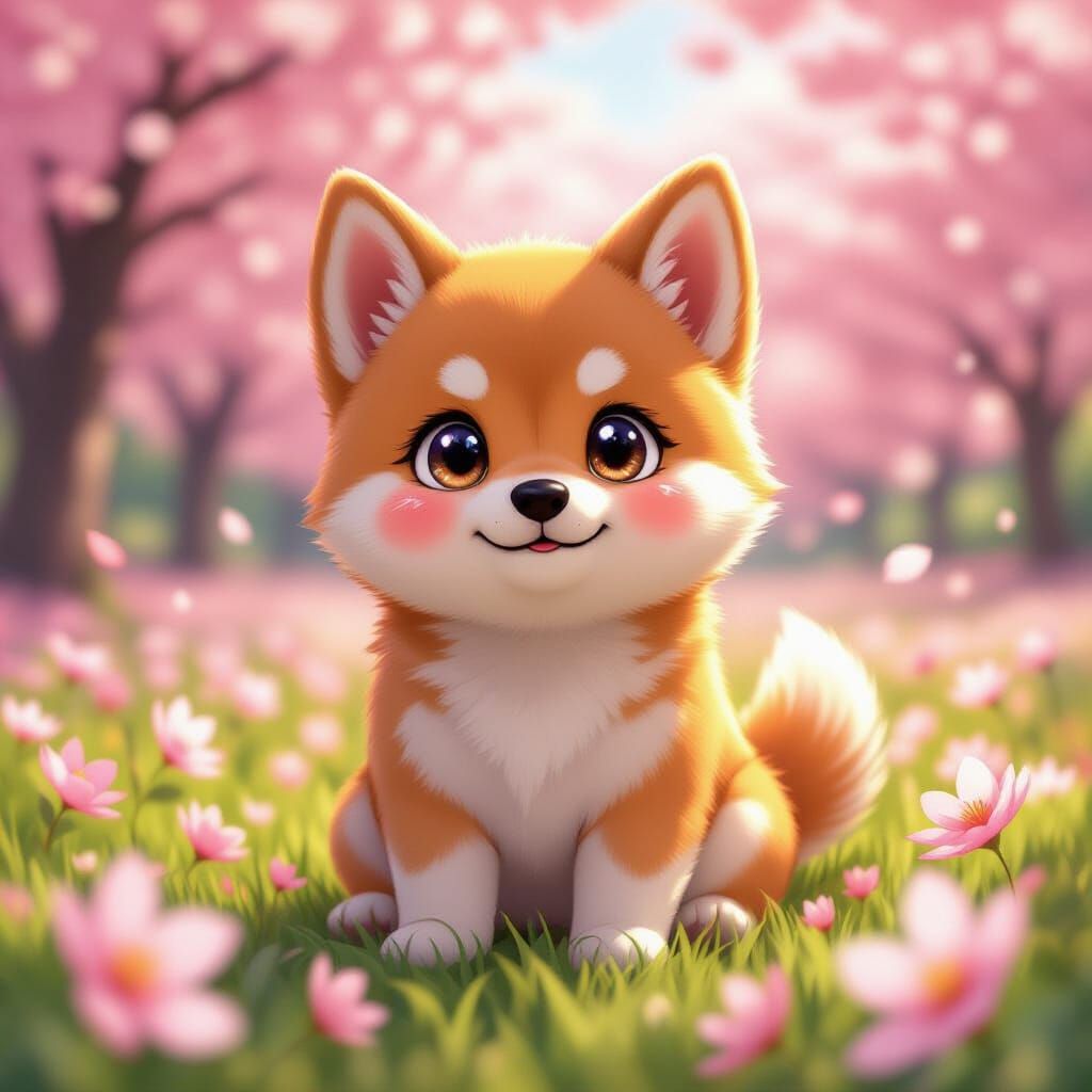 Cute Shiba Inu Puppy in Cherry Blossom Field