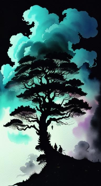 Whimsical Tree with Smoke in Watercolor and Ink