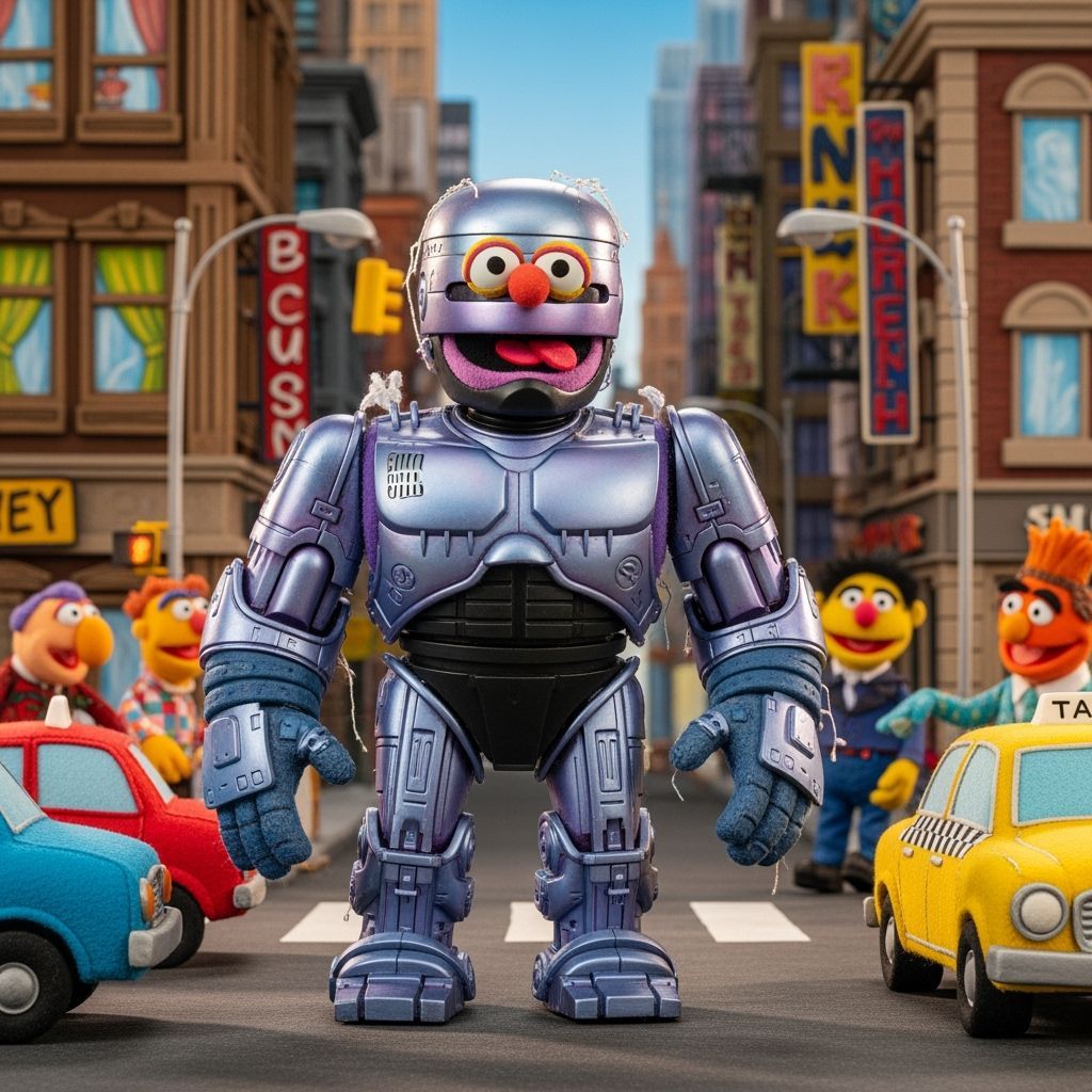 Robocop as a Muppet Character on a City Street