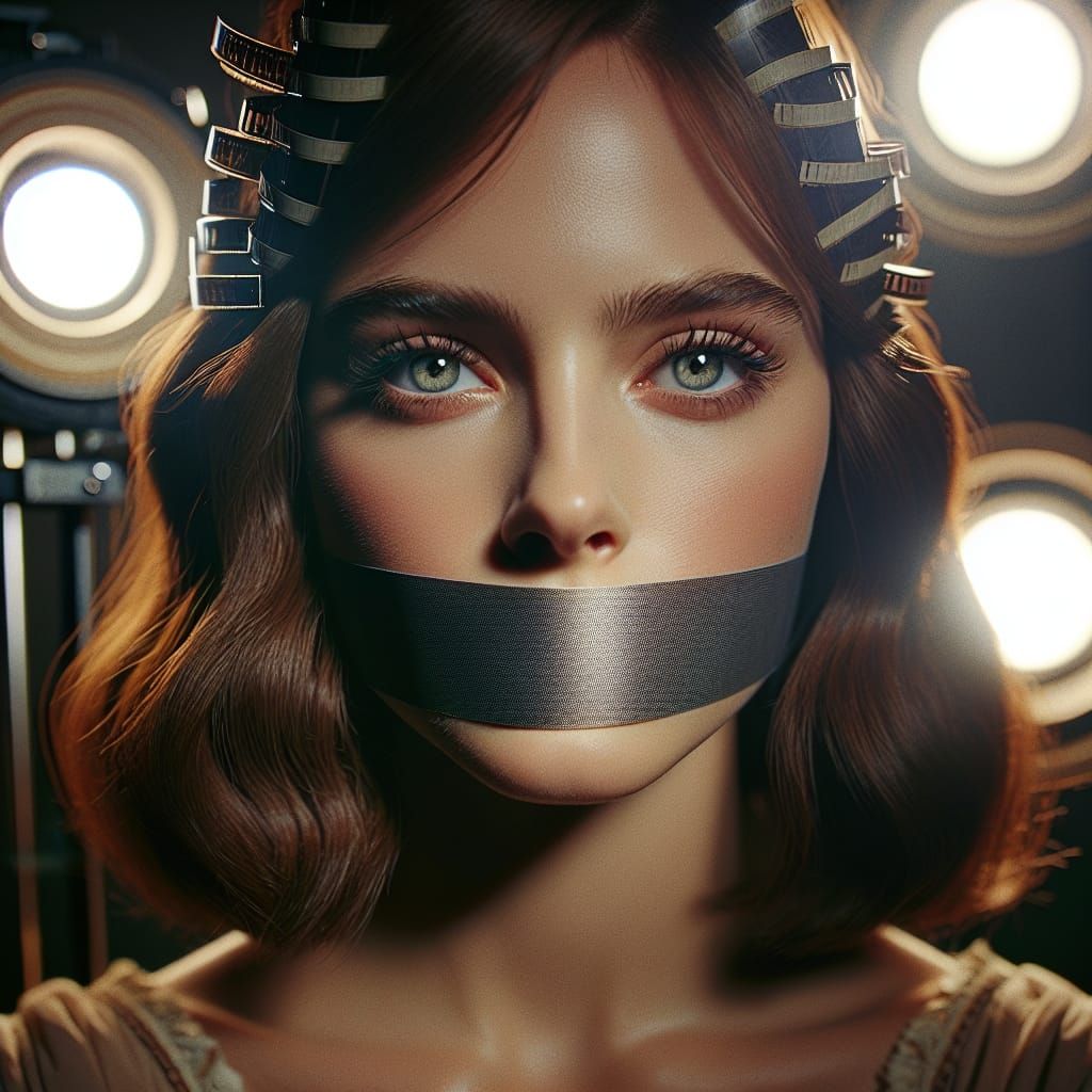 Dramatic Film Still of a Tapegagged Young Woman