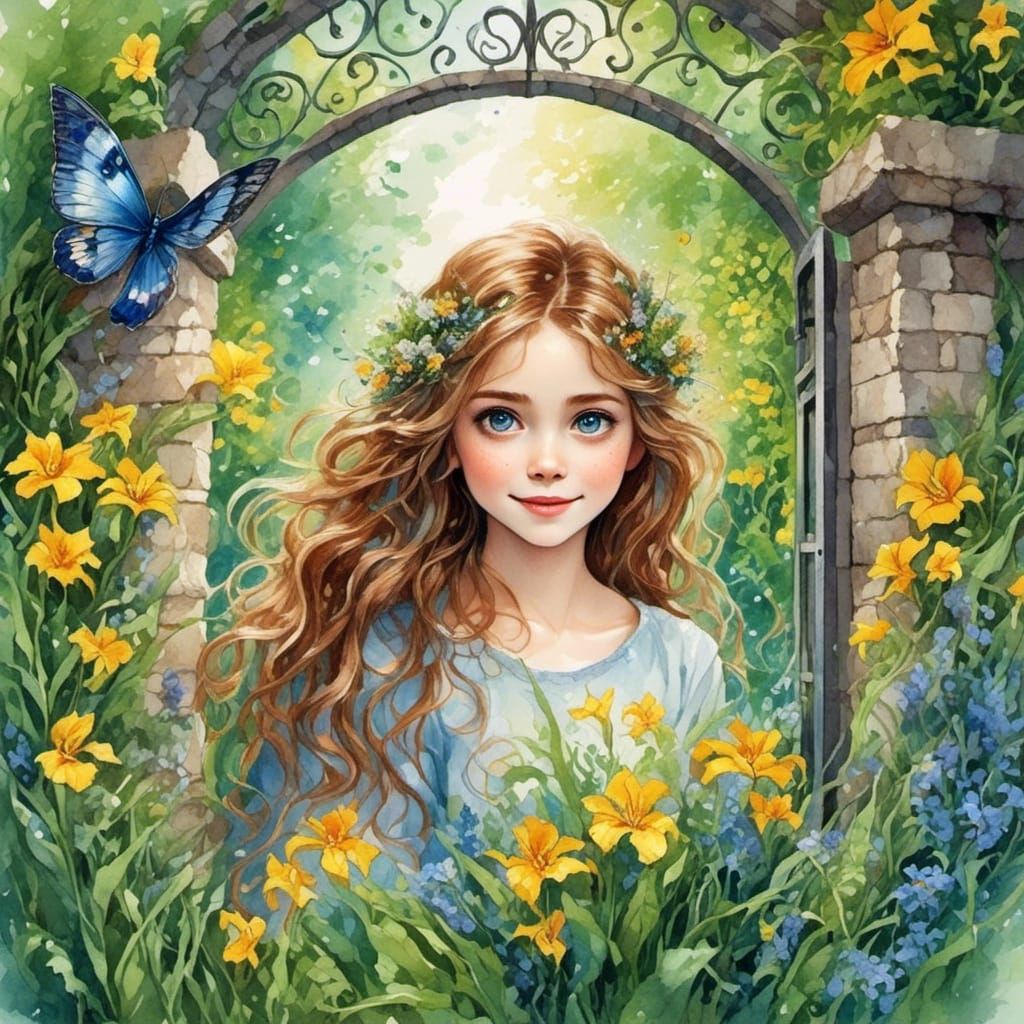 Woman Finds Secret Garden: Vibrant Watercolor