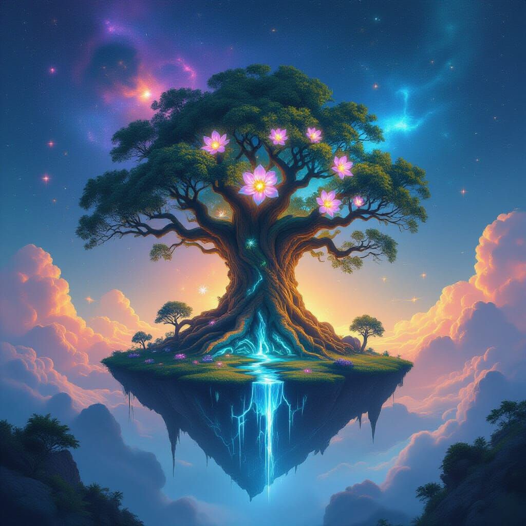 Ancient Bioluminescent Tree Anchors Floating Island in Cosmi...