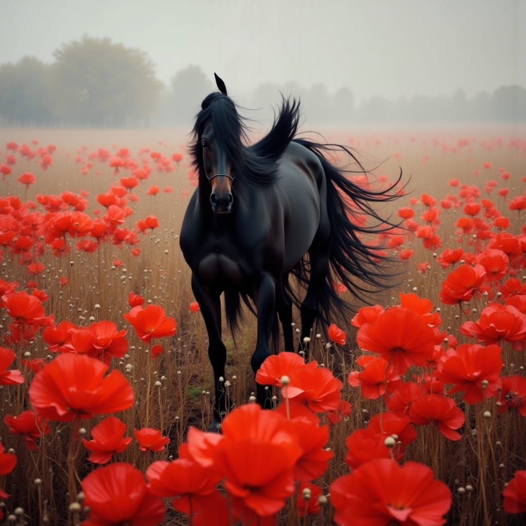 Black Friesian Horse in Red Flower Field