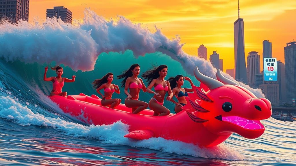 Women Surf a Neon-Lit Inflatable Dragon Through a City