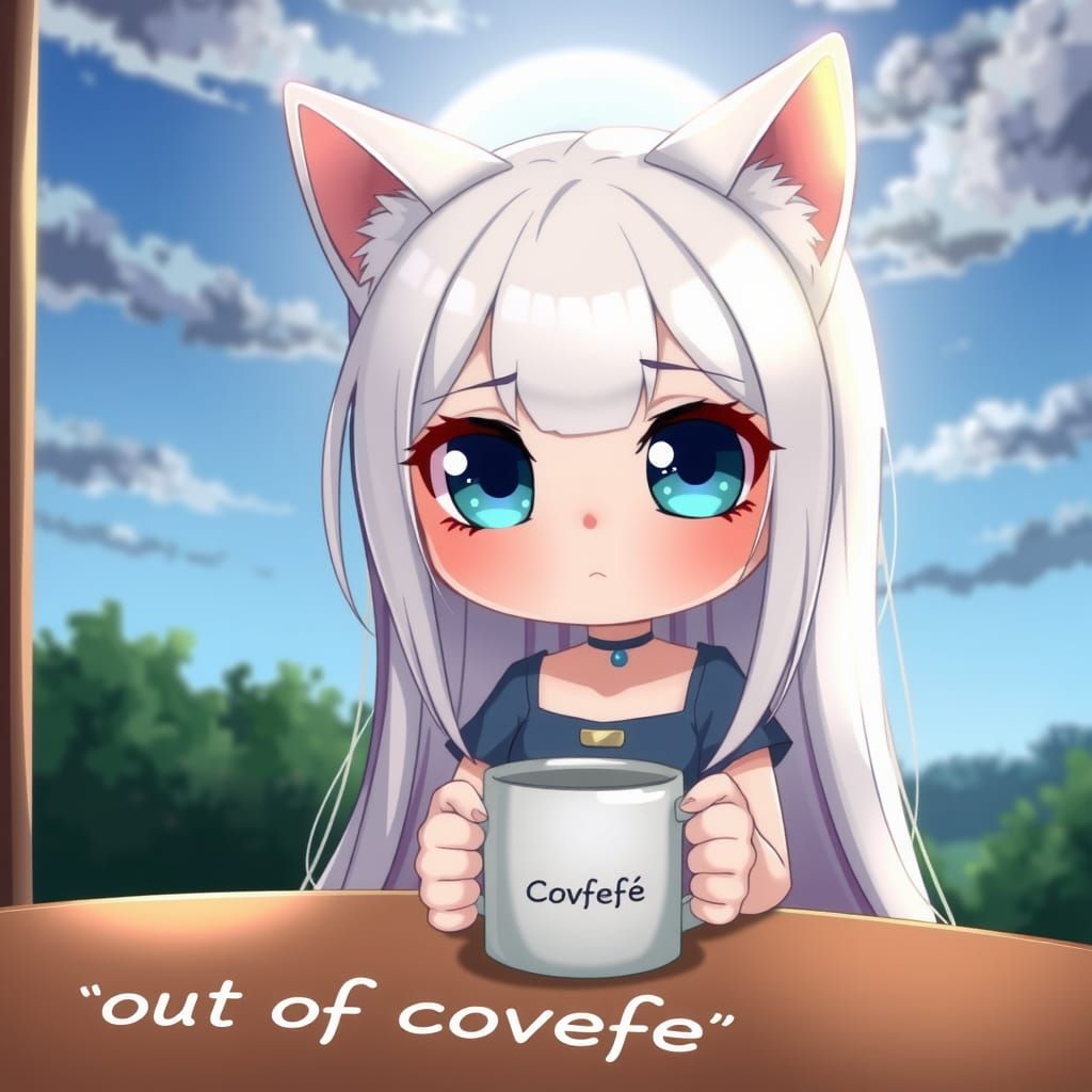 Sad Chibi Catgirl with Empty Coffee Mug
