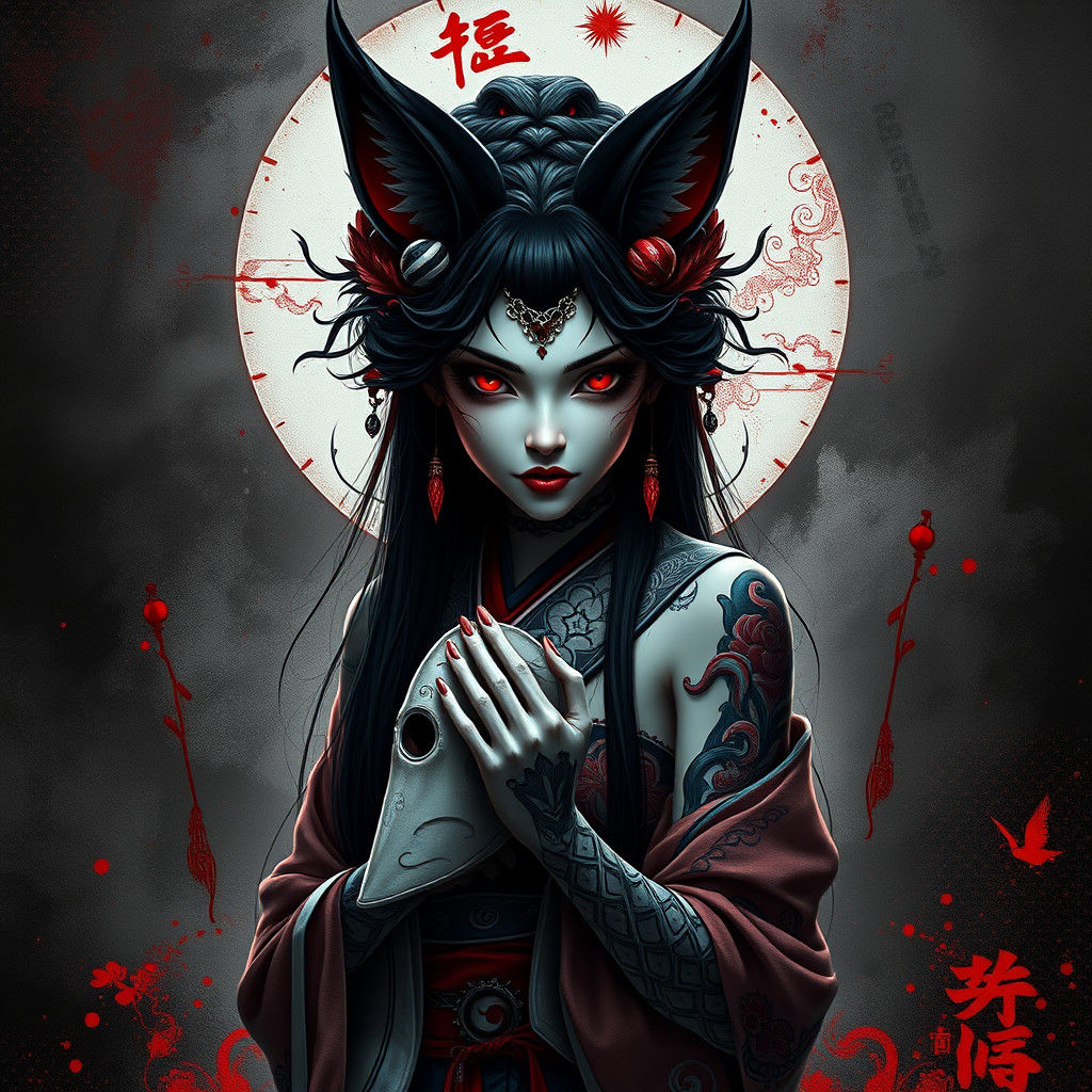 Mysterious Kitsune Witch with Mask, Fantasy Concept Art