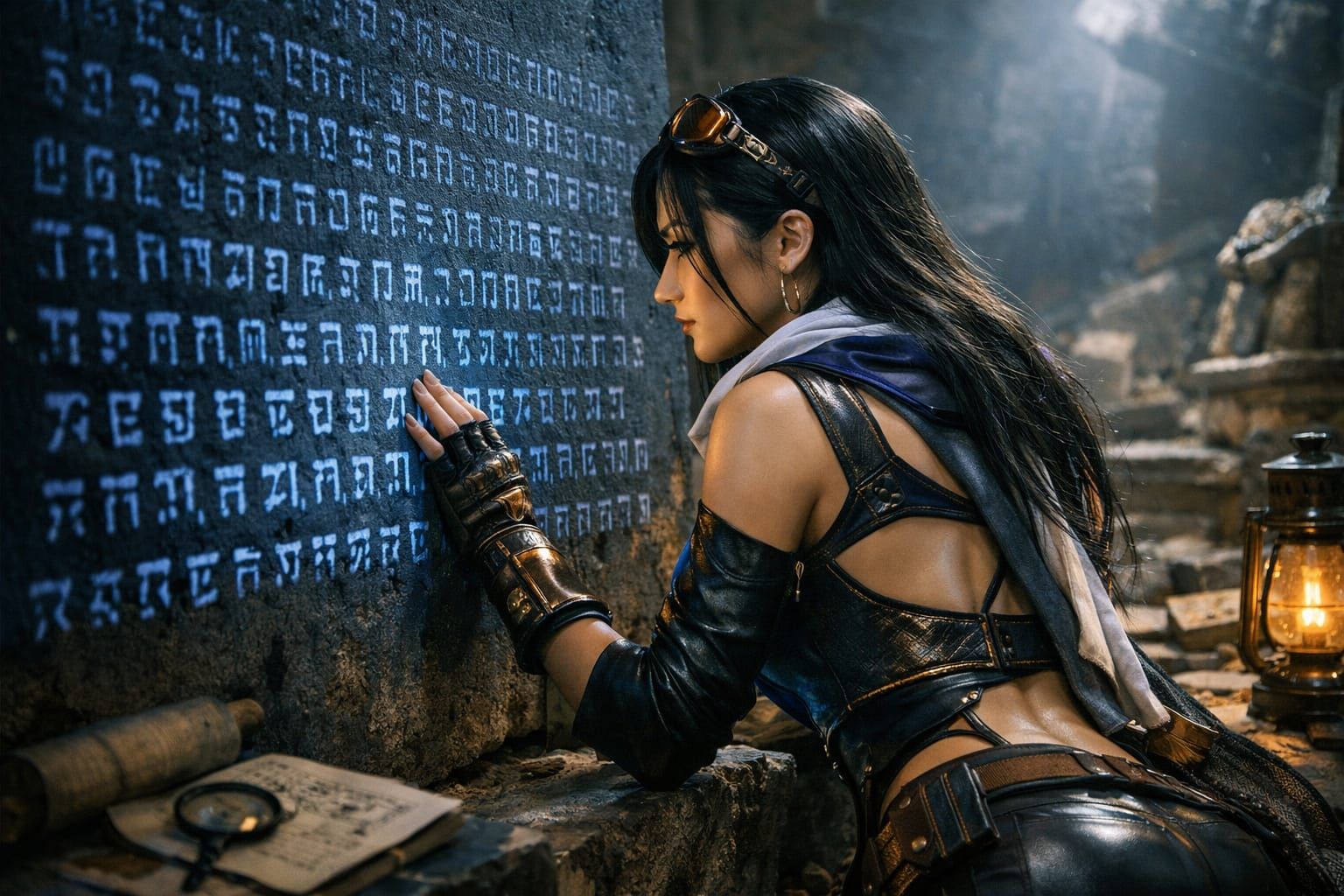 Nico Robin Analyzing Poneglyph in Dynamic Digital Art