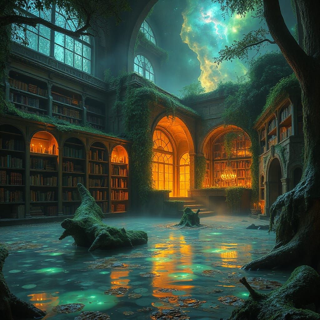 Bioluminescent Swamp Library with Ethereal Flora