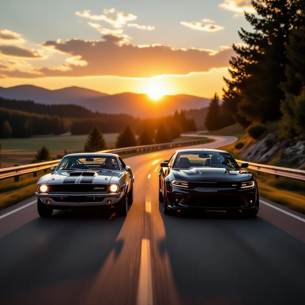 GTO and Charger Race at Sunset