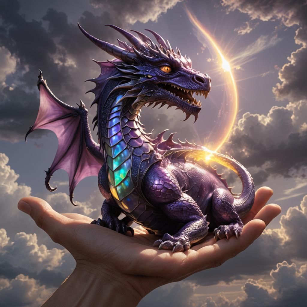 Iridescent Glass Dragon in Hand: 8K Fantasy Art
