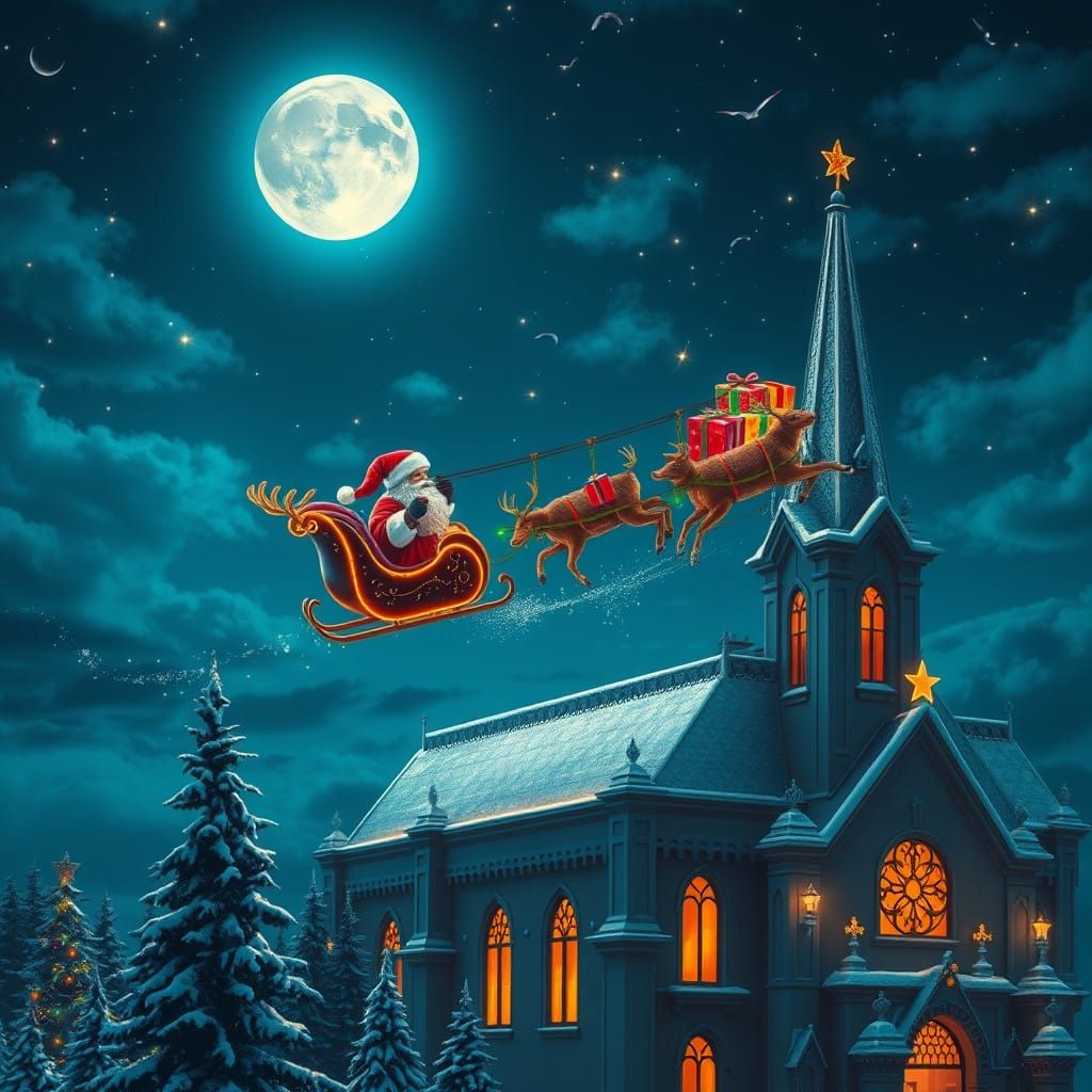 Santa Claus in Moonlit Christmas Spectacle with Elves and Re...