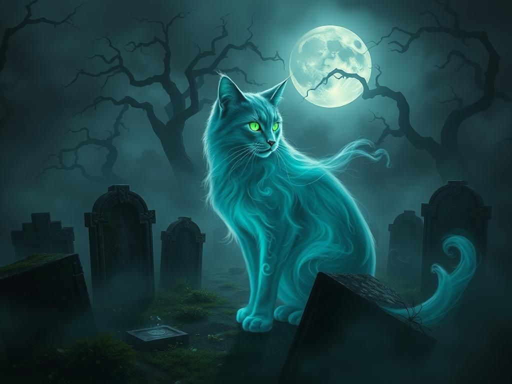 Ethereal Ghost Cat in Moonlit Graveyard