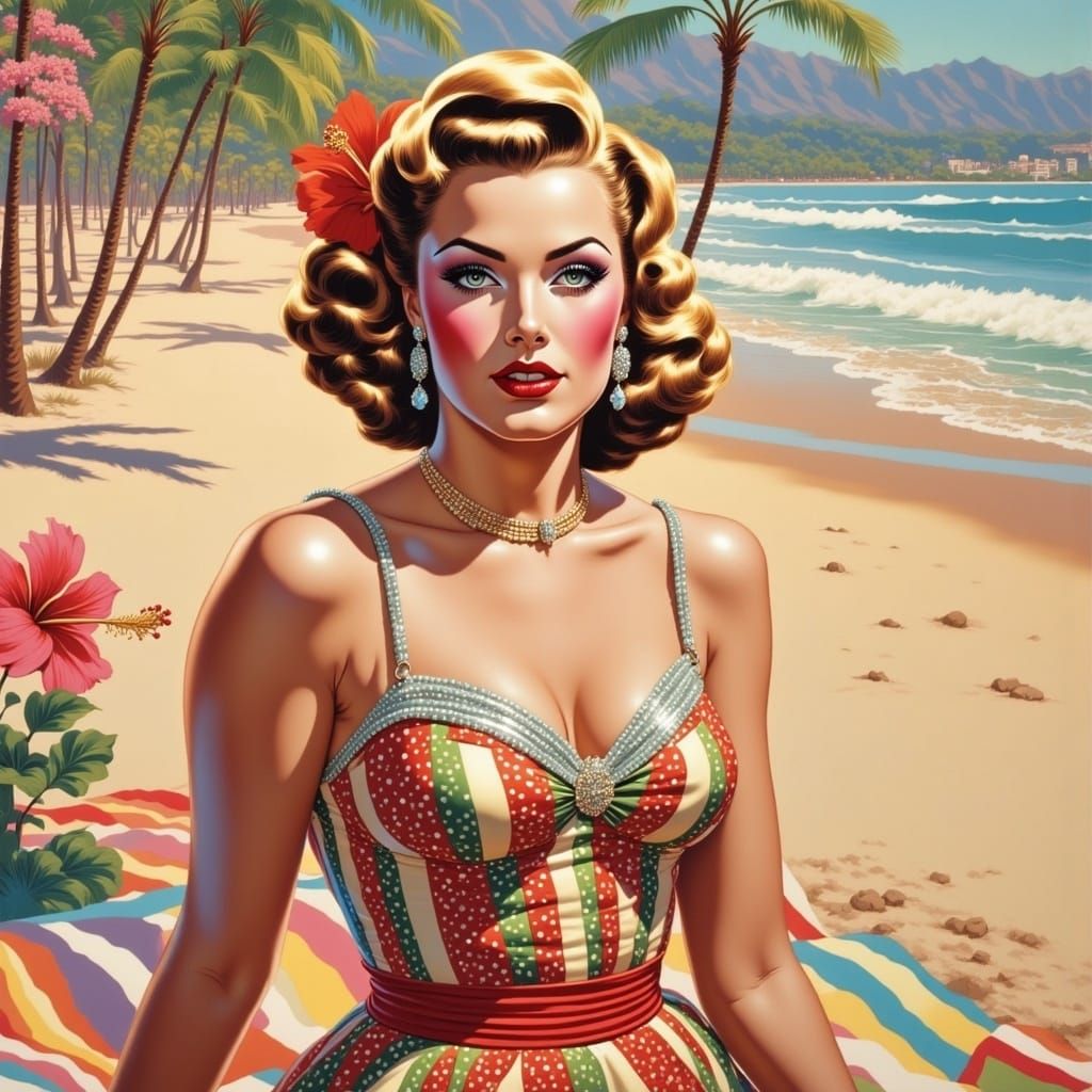 Bold Pop Art Christmas Scene on Waikiki Beach