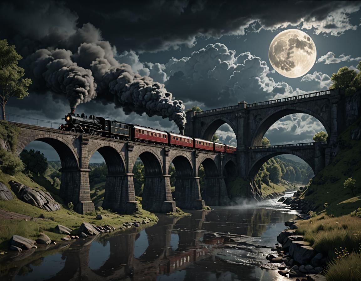 Steam Train Crossing River Under Full Moon