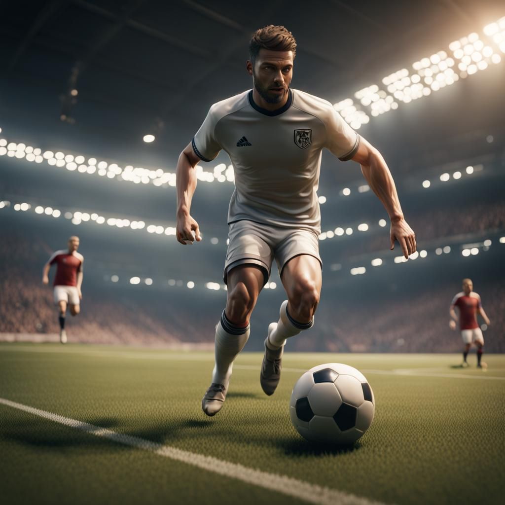 Footballer Kicks Ball: 3D Game Cinematic Graphics