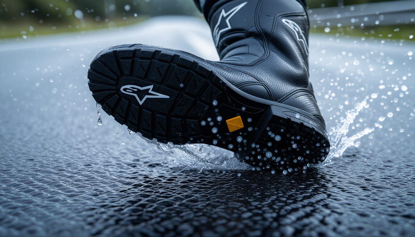 Alpinestars Boot Sole Macro Shot on Wet Asphalt