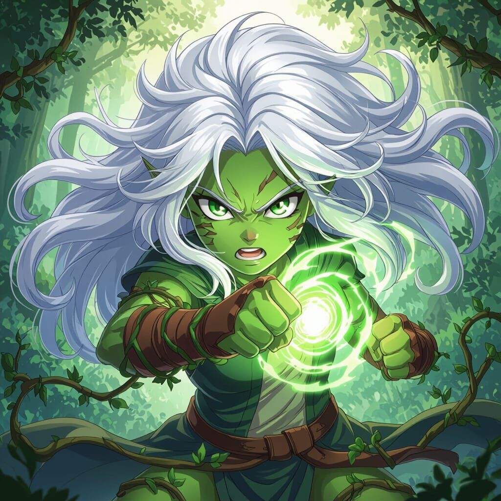 Anime Girl with White Hair and Green Energy in Action Pose