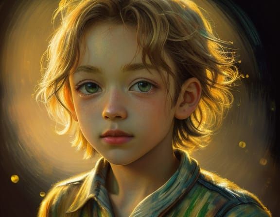 Boy with Golden Aura in Expressionist Oil Painting