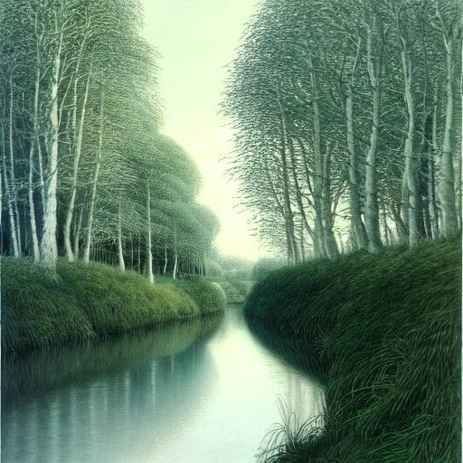 Tranquil River Scene with White Trees