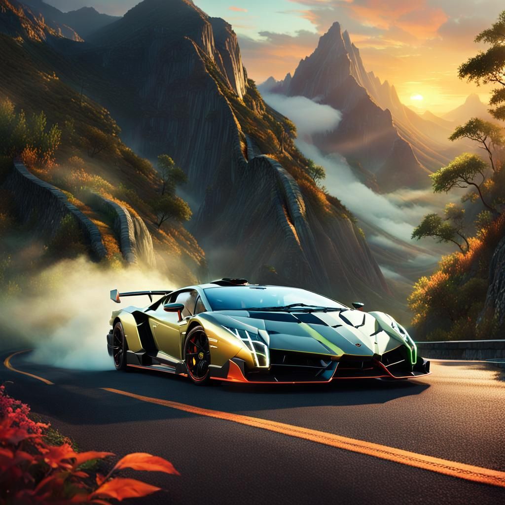 Lamborghini Veneno Concept Art on Mountain Road