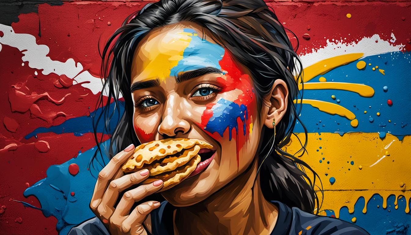Colorful Graffiti Art of Colombian Woman Eating Empanada