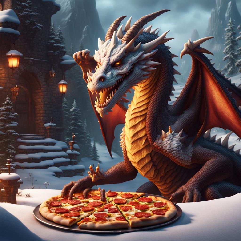 Snow Dragon's Pizza Snack: Detailed Fantasy Art