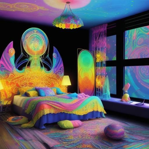 Bohemian colorful hippie bedroom with colorful psychedelic walls and colorful psychedelic Hugh windows and whimsical psy...
