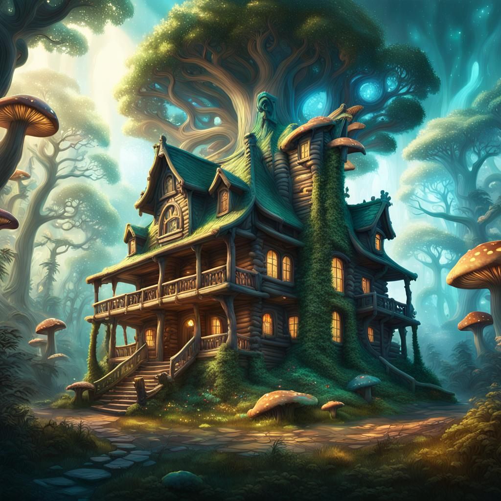 Enchanted Forest Mansion with Carved Animal Logs