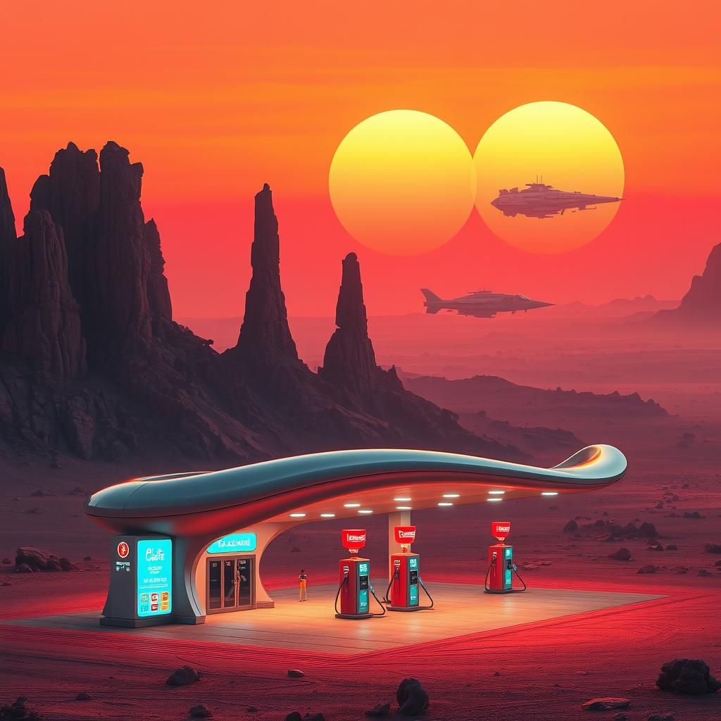 Alien Gas Station on Arid Planet in Cyberpunk Style