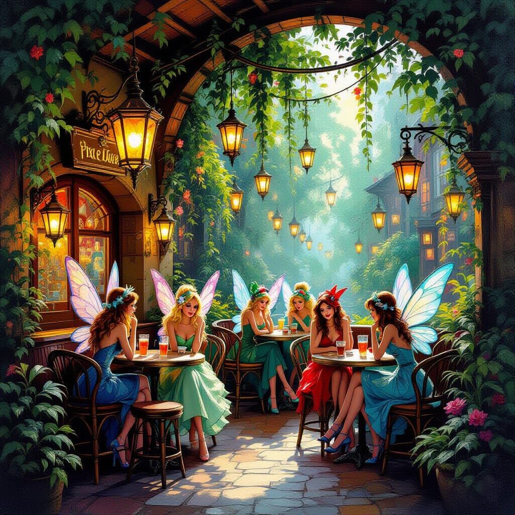 Fairies at the Pixie Pub: Impressionist Gouache Painting