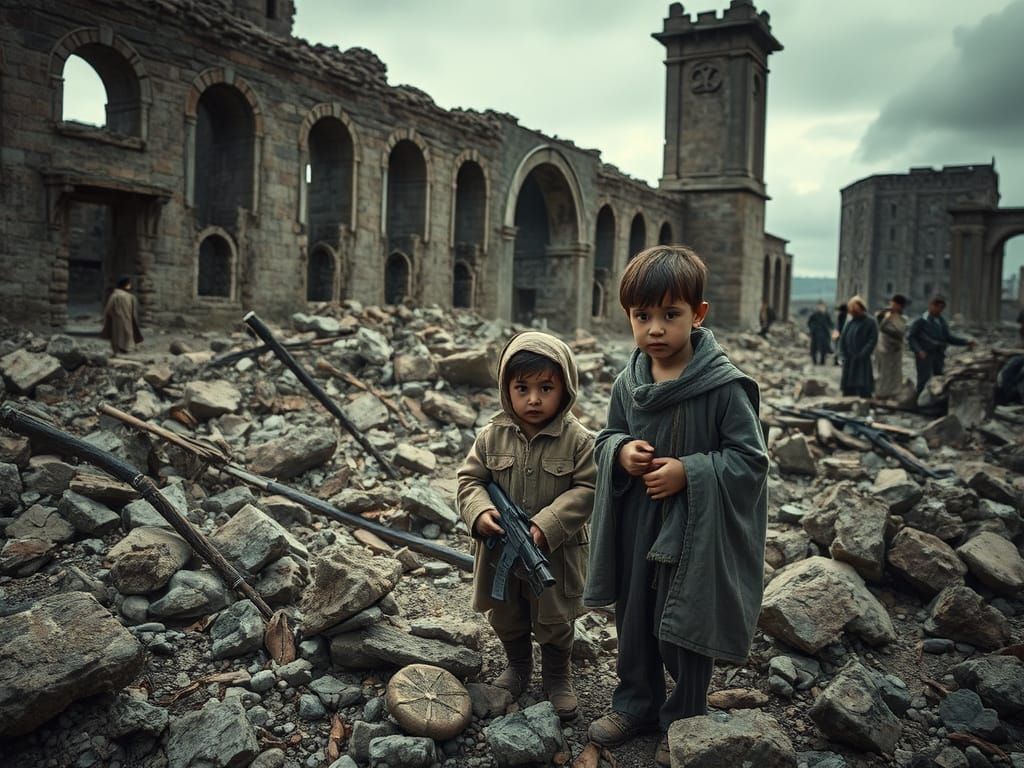 Children Amidst War Ruins, Hyperrealistic Cinematic Scene