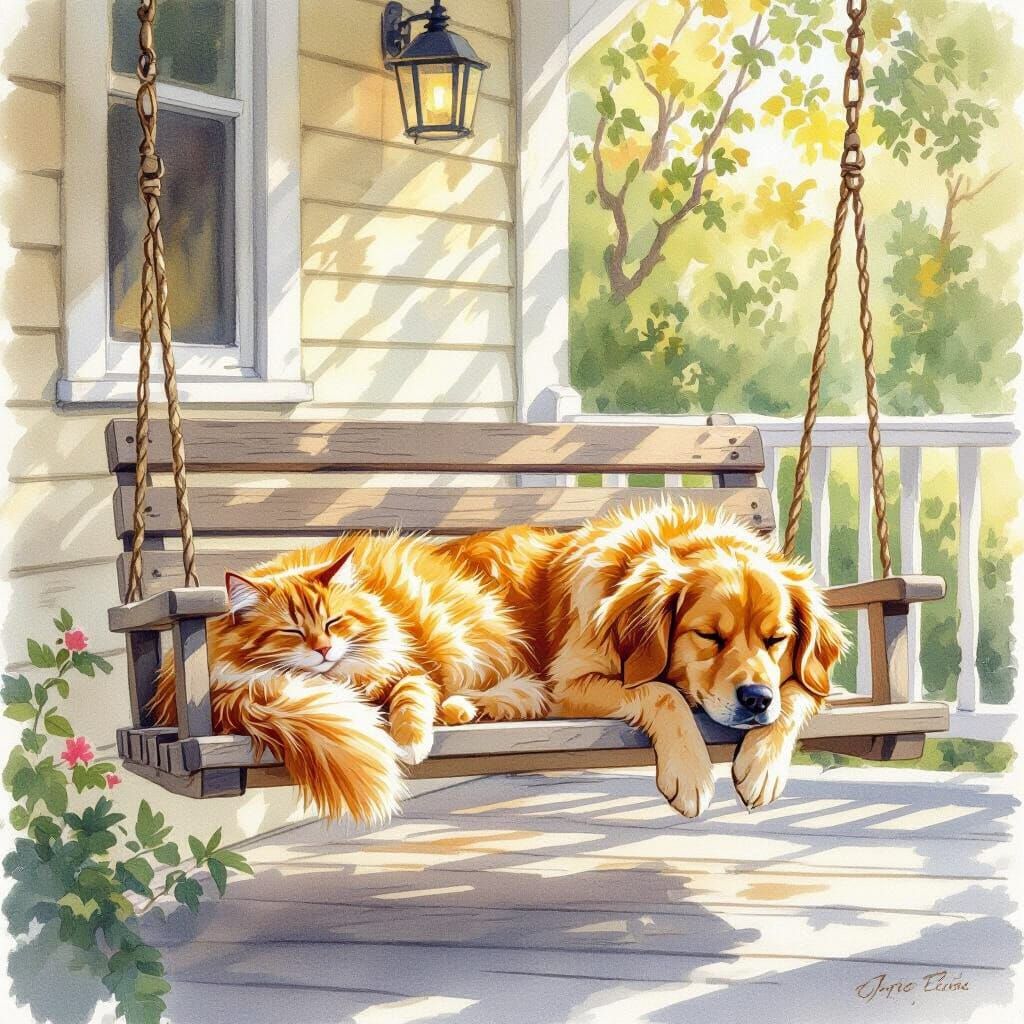 Fluffy Cat Sleeps on Porch Swing with Golden Retriever