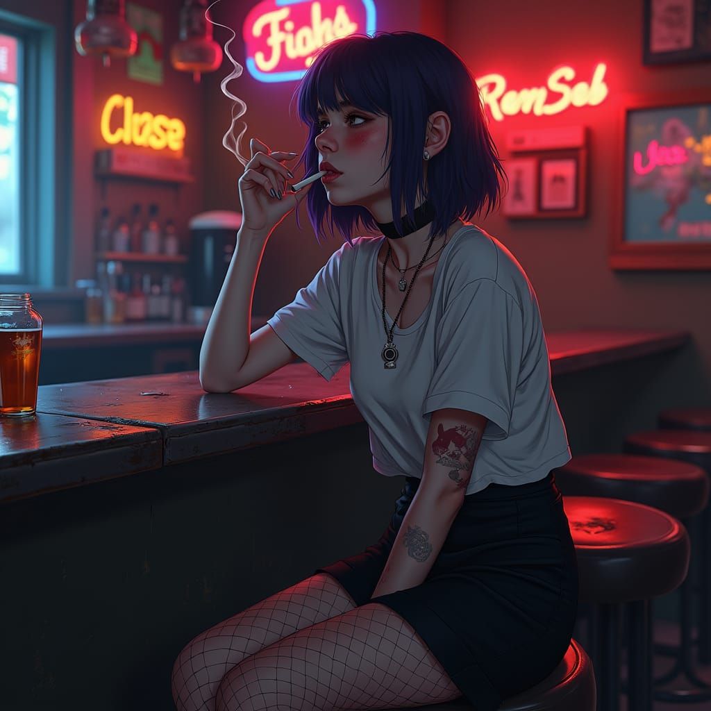 Melancholy Woman at Bar in Gritty Atmospheric Style